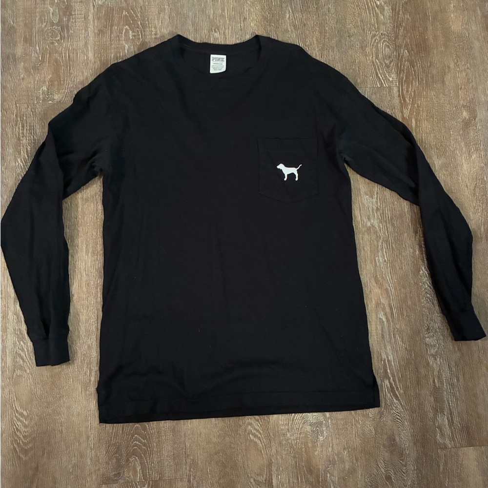 PINK Victoria’s Secret Black Long Sleeve Pocket Tee Dog Logo Back Graphic Size S